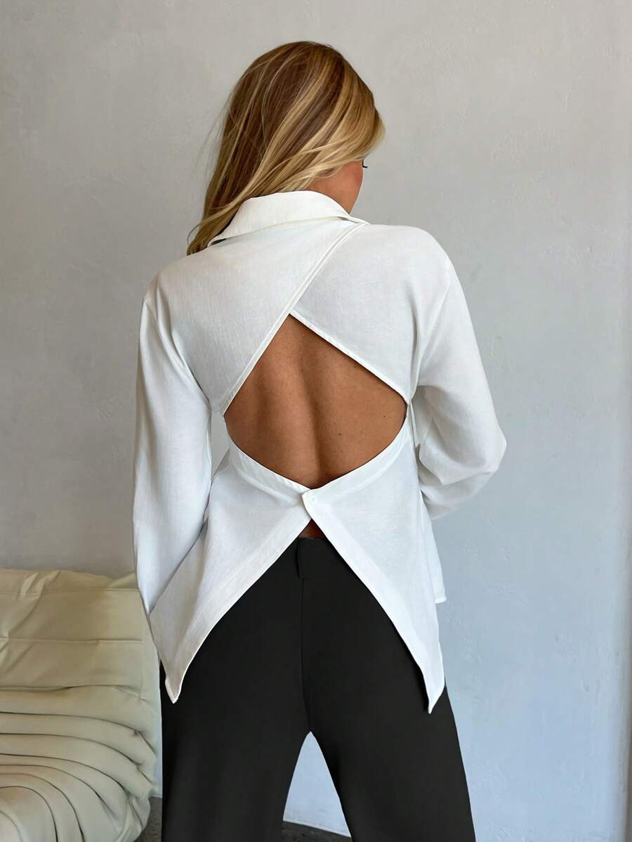 Aloruh بلوزة طويلة الأكمام بأزرار وظهر عاري لون أحادي للنساء