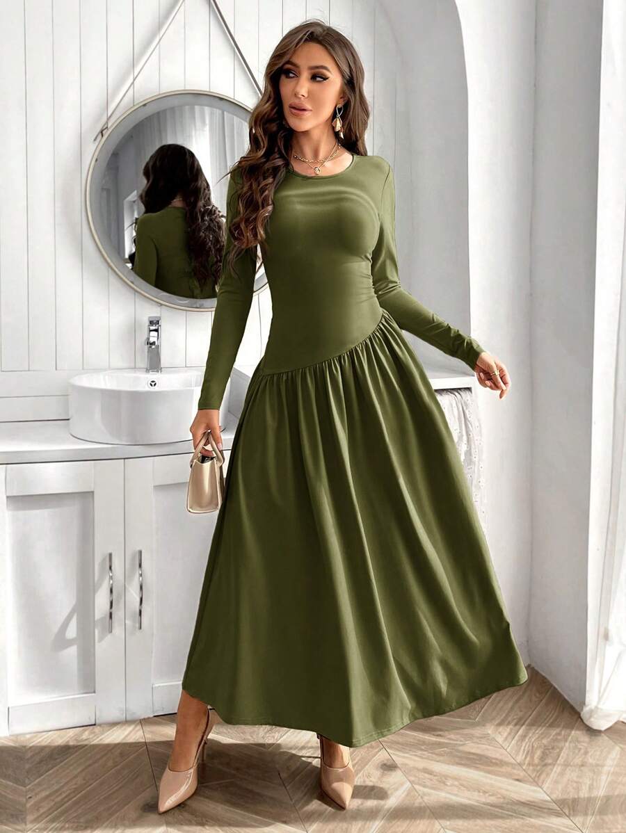 SHEIN Privé 1 pieza Vestido largo de manga larga de verde oliva, de cuello redondo, ajustado y elegante para mujer