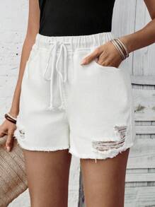 SHEIN LUNE Women Drawstring Waist Ripped Pocket Casual Denim Shorts - White - View 5