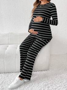SHEIN 2pcs Maternity Striped Round Neck Long Sleeve Casual T-Shirt And Adjustable Waist Pants Set, Spring Summer - Black and White - View 4