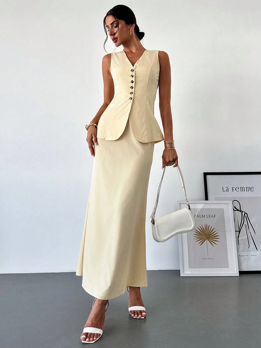 SHEIN Privé Set 2 áo ghi lê cổ chữ V + Váy đuôi cá đi làm thanh lịch - Màu Khaki - Xem 1