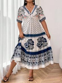 SHEIN Clasi Plus Size Women's Positioning Print Long Dress - Blue and White - View 6