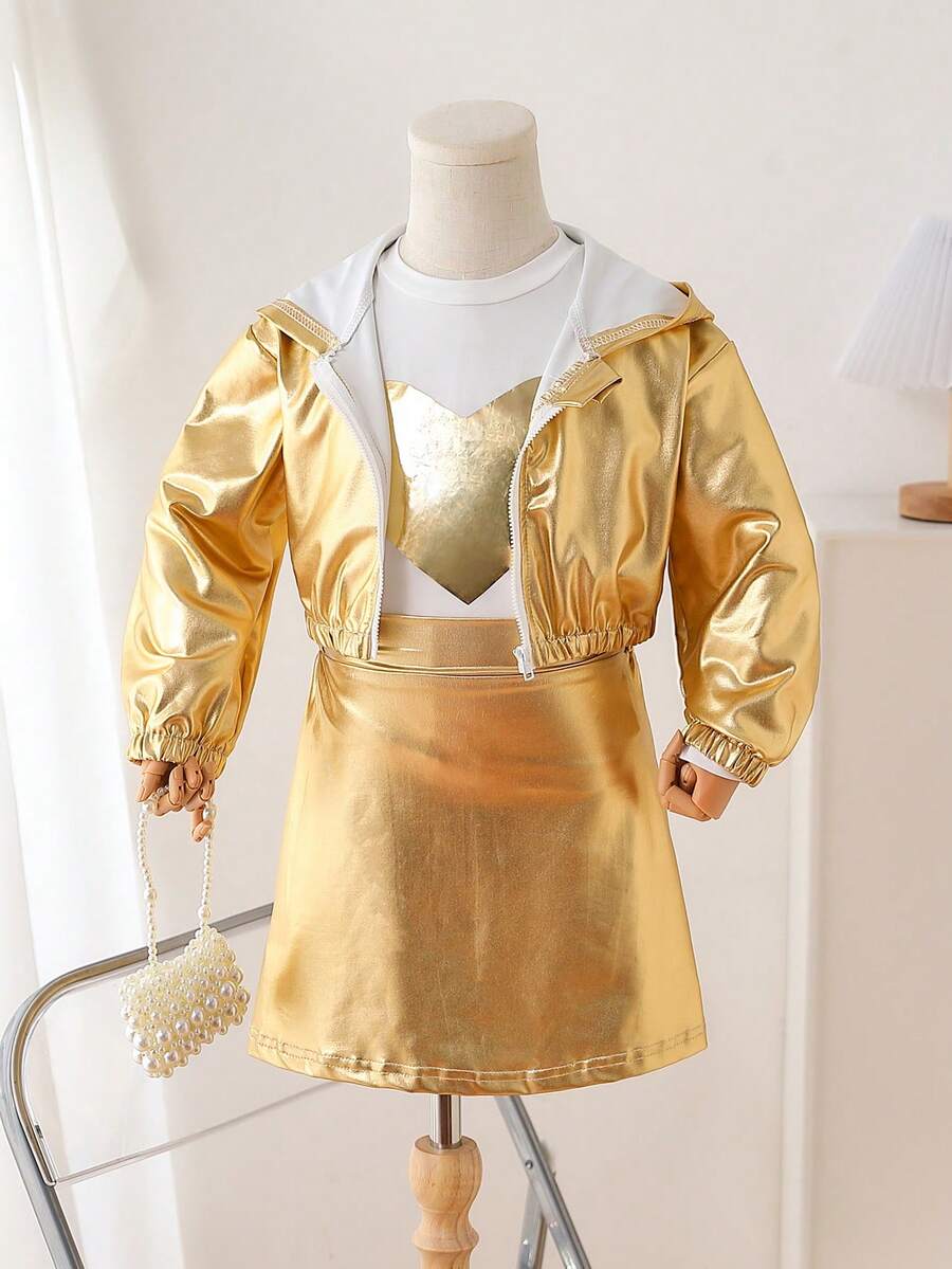 SHEIN 2 件女童简约黑白条纹蝴蝶结印花圆领荷叶边宽松衬衫 + 阔腿裤套装，适合度假、户外、休闲聚会、夏季和春季 - 金色 - 查看 1