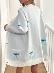Chiquease Cárdigan holgado de punto con bolsillos de jacquard y decoración de lazo para mujeres, otoño/invierno - Azul - Ver 2