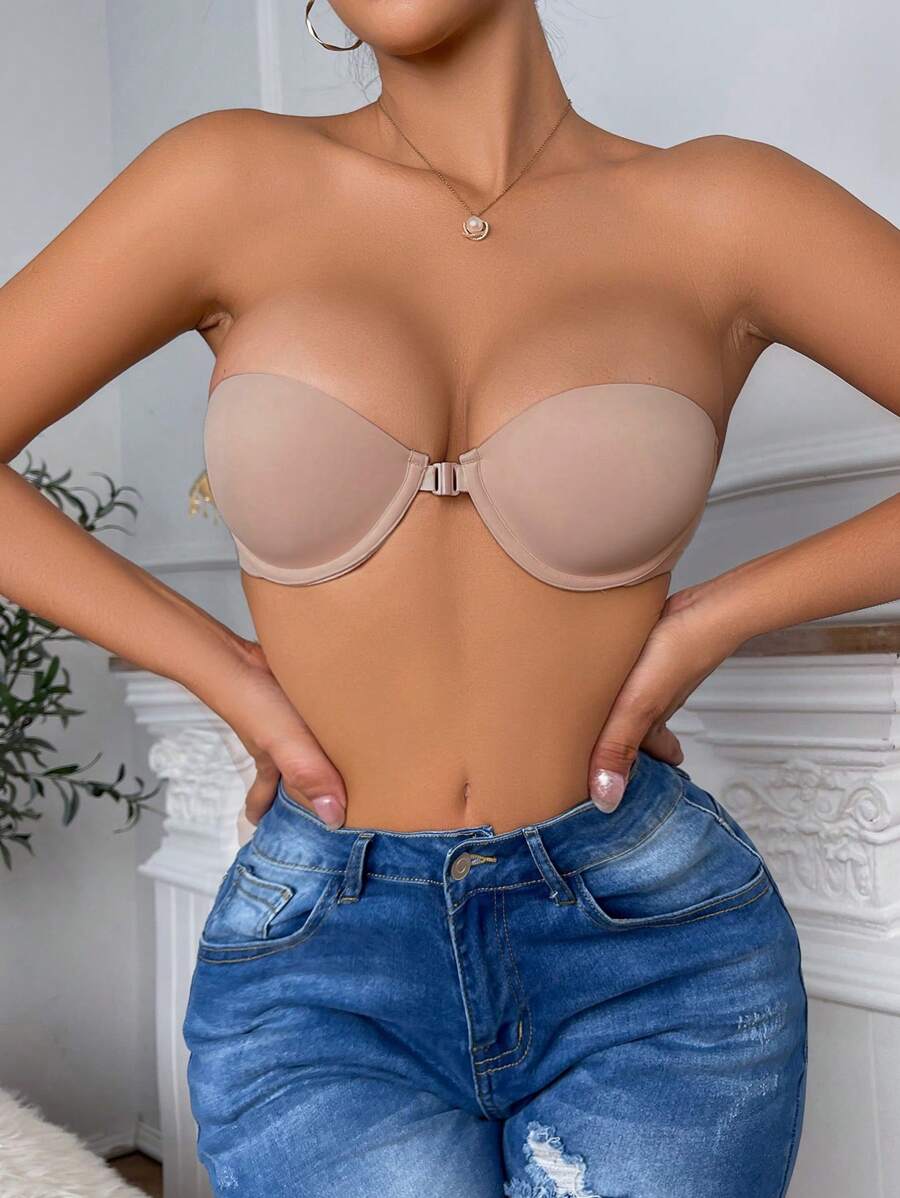 1pc Women's Plain Color Front-Closure Underwire Sports Bra Set - Apricot - View 1