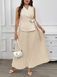 SHEIN Privé 大码女式夏季简约优雅通勤约会聚会装裹身式西装背心和褶皱 A 字长裙 - 杏色 - 查看 1