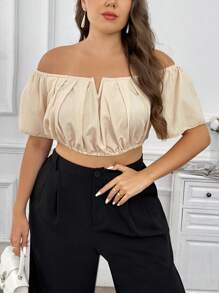 SHEIN Privé Plus Kích Thước Thanh Lịch Đơn Giản Hàng Ngày Ngày Lãng Mạn Ngoài Vai Ngắn Eo Dây Rút Cổ Chữ V Rời Hoa Mai Áo Sơ Mi Nữ - Màu be - Xem 6