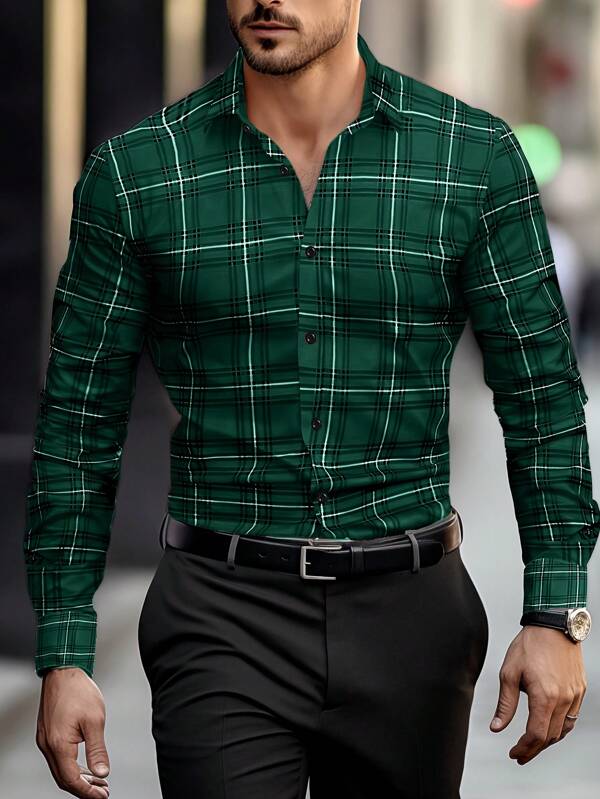 Manfinity Homme Oversized Men's Plaid Print Long Sleeve Shirt