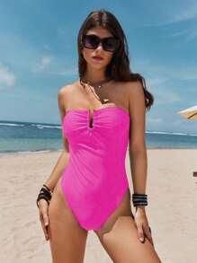 SHEIN Swim 女士 U 领褶皱露背性感时尚连体泳衣夏季 - 玫紅色 - 查看 3