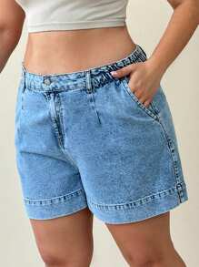 RueChic Plus Elastic Band And Back Pocket Detailed Short - Medium Wash - View 4