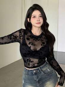 DAZY 女士透明花卉印花性感长袖衬衫外出上衣 - 黑色 - 查看 4