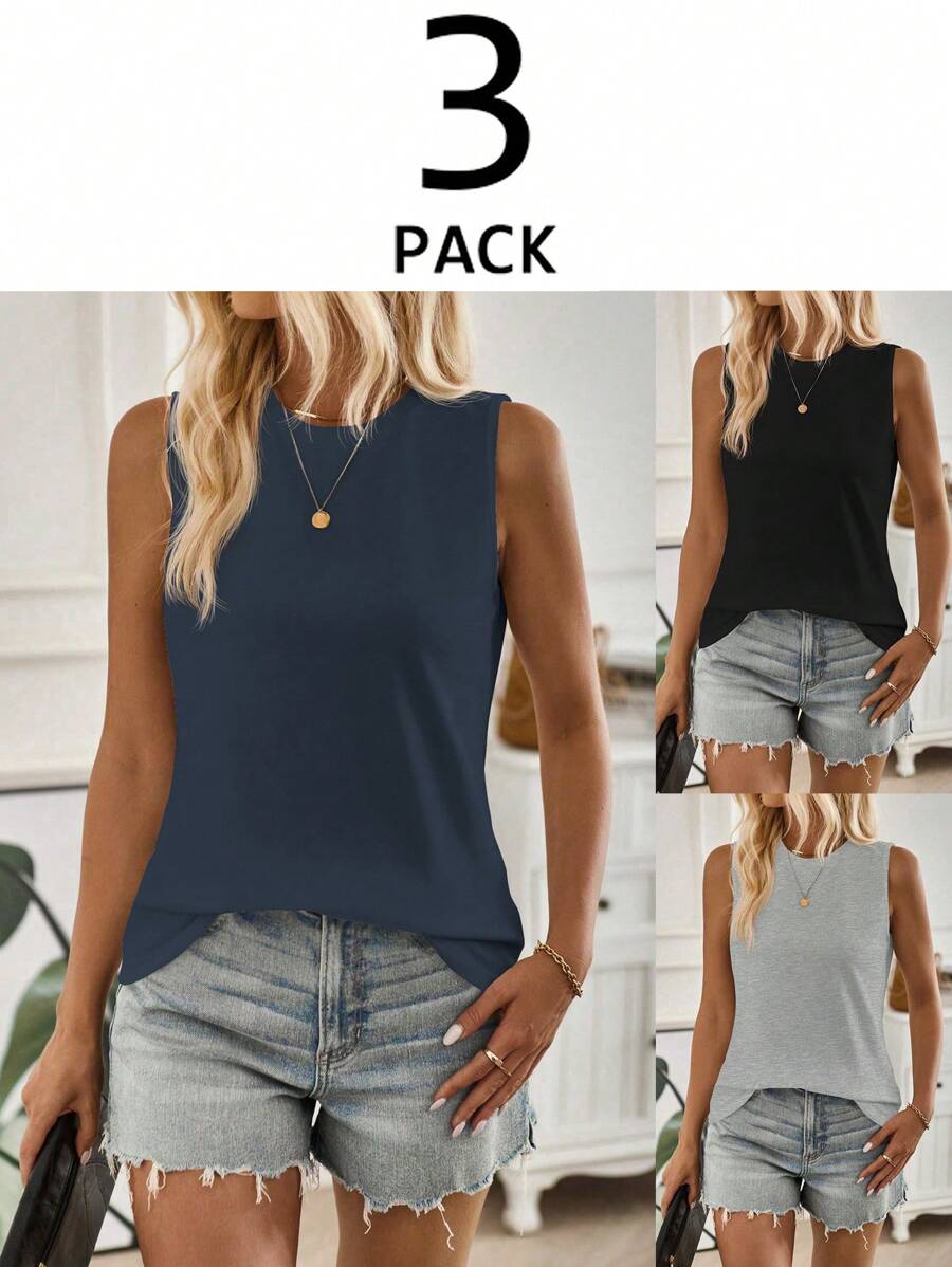 SHEIN LUNE Top casual a costine senza maniche con scollo a girocollo in colore unito, estivo - Multicolore - Visualizzare 1