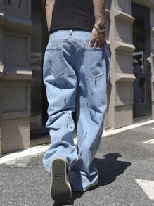 Manfinity EMRG Men's Casual Washed Ink Splash Letter Print Baggy Jeans - Light Wash - View 2