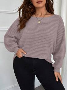 SHEIN LUNE Plus Size Solid Color Crew Neck Long Sleeve Sweater, For Winter Knit Pullover Fall - Dusty Pink - View 4