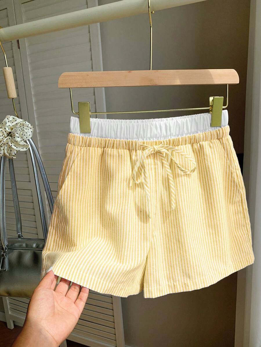 Comfortcana Women Woven Striped Shorts With Double Elastic Waistband, Summer - Yellow - View 1