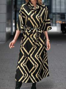 SHEIN Clasi Allover-Muster Damenkleid mit Schnürung und Seitenschlitz, lässige Alltagskleidung - Verschiedenfarbig - Übersicht 4