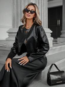 Aveloria Modichic Áo khoác đi xe máy bằng da PU sang trọng theo phong cách Âu Mỹ với một bên ngực - màu đen - Xem 6