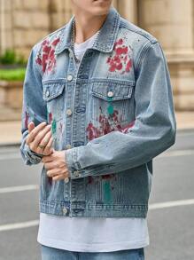 Manfinity Roghcode Men's Contrast Graphic Print Button Front Pocket Long Sleeve Denim Jacket - Blue - View 6