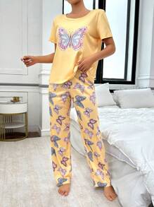 Butterfly Printed Short Sleeve Pajama Set - Yellow - View 4