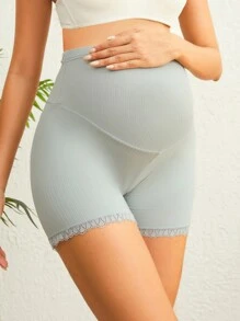 Maternity Solid Color Lace Trim High Waist Tummy Control Underwear Briefs