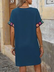 Breezaya Women's Summer V-Neck Raglan Bohemian Floral Ribbon Stitching Dress - Navy Blue - View 2