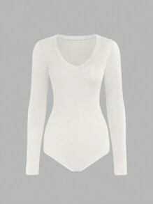 INAWLY 女士春夏纯色 V 领长袖修身紧身衣 - 白色 - 查看 3