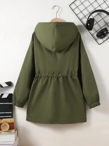SHEIN Áo khoác dài vừa phải thời trang cho bé gái tuổi mới lớn có cạp chun và mũ trùm đầu - xanh quân đội - Xem 2