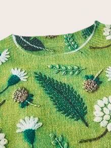 SHEIN Unity Women's Floral Pattern Knit Sweater, Spring & Autumn, Knit Pullover Fall Winter - Green - View 3