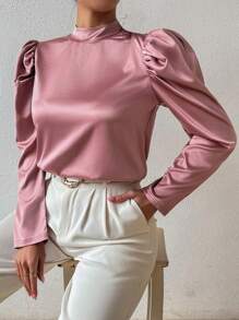 Chiquease Round Neck Pleated Short Sleeve Satin Elegant Shirt - Pink - View 4