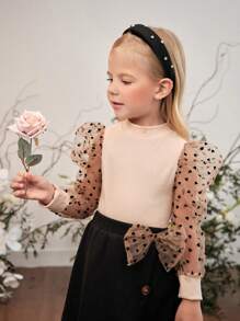 SHEIN Young Girl Contrast Dobby Mesh Puff Sleeve Top & Bow Front Skirt - Multicolor - View 3