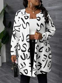 Slaydiva Casual Basics - Stretchy Knit Graphic Print Loose Cardigan Jacket Plus Size Winter Fall Autumn - Black and White - View 6