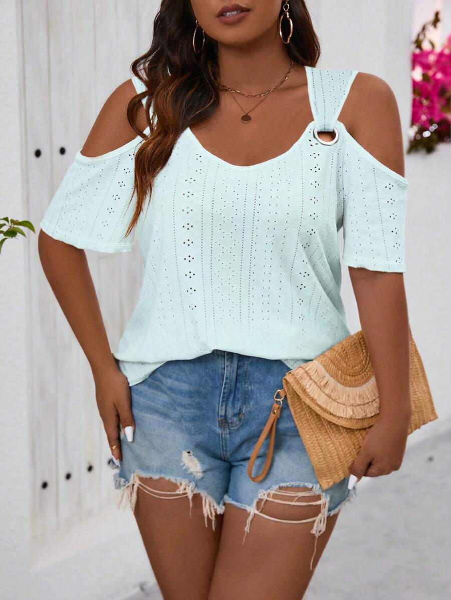 SHEIN LUNE Plus Size Women Metal Decor Jacquard Blouse - Blue - View 1