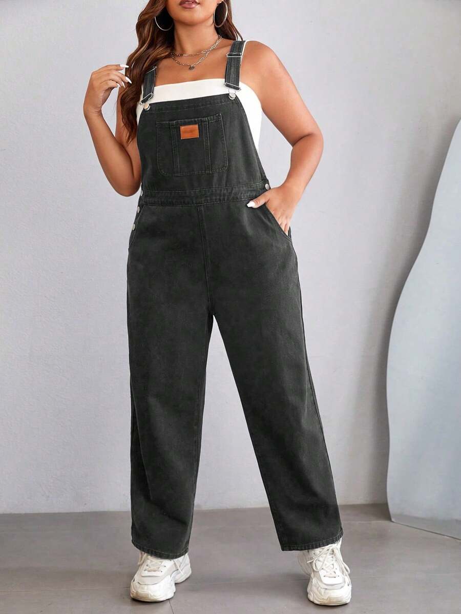 SHEIN EZwear Bộ đồ liền thân denim giản dị không tay màu trơn cỡ lớn, mùa hè - Xám - Xem 1