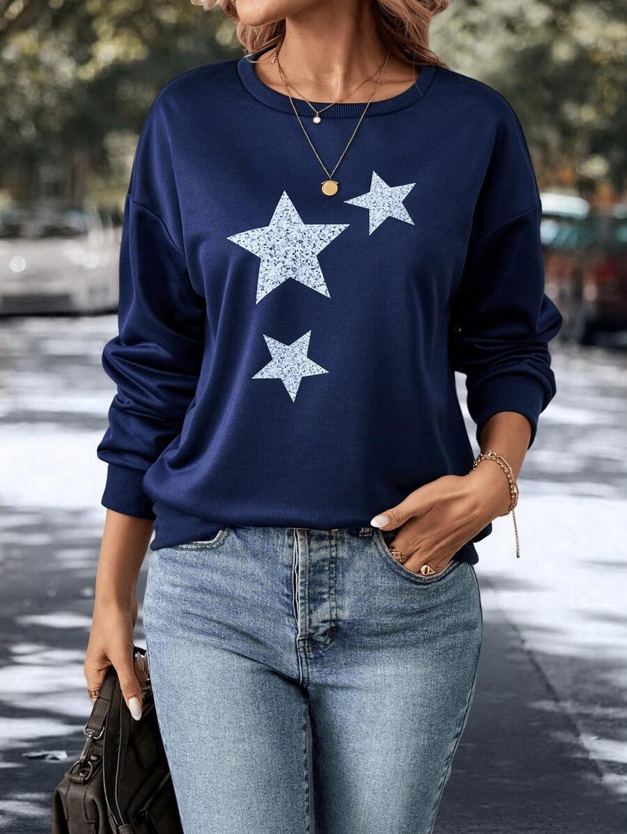SHEIN LUNE 女士圆领长袖休闲星形印花套头卫衣秋季卫衣 - 藏蓝色 - 查看 1