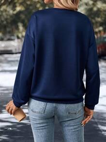 SHEIN LUNE 女士圆领长袖休闲星形印花套头卫衣秋季卫衣 - 藏蓝色 - 查看 2