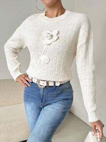 SHEIN LUNE Suéter holgado de cuello redondo de manga larga con decoración floral 3D de unicolor para otoño e invierno, jersey de punto de otoño - Albaricoque - Ver 4