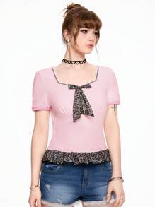 ROMWE Kawaii Áo thun nữ họa tiết da báo & nơ dễ thương cổ yếm, eo vừa vặn - Hồng - Xem 3