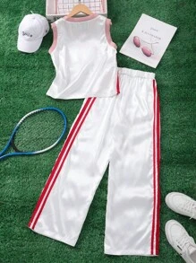 Tween Girl 2pcs/Set V-Neck Short Sleeve Letter Printed Top And Striped Casual Pants - White - View 2