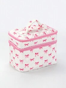 Marina Oliveira Artist Pink Bow Pattern Fashionable Cute Double Layers Cosmetic Bag For Storage, Square-Shaped Makeup Bags - Multicolor - View 8