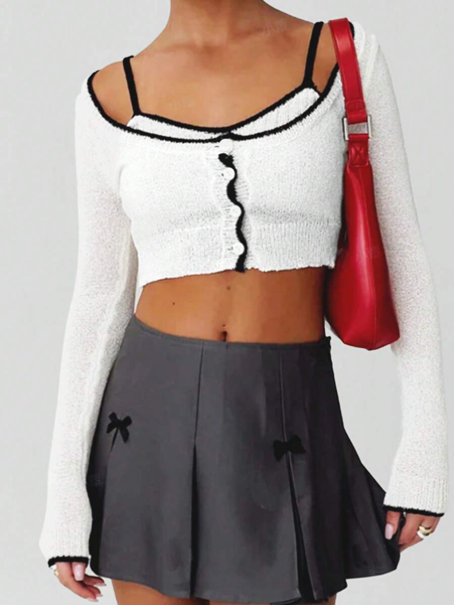 Chiquease Women's Solid Color Knit Sweater Two Pieces Set Color Block With Trimmed Edges Cardigan And Knit Top Fall Cloth For Women - Black and White - View 1