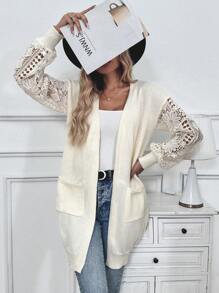SHEIN Clasi Cárdigan suéter con mangas de encaje cosido