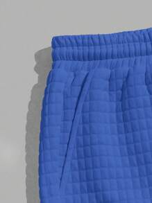 AXEPEAK Men Letter Patched Striped Trim Drawstring Waist Summer Gym Shorts, School, Streetwear Inspired - Blue - View 4