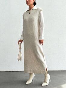 EURMUSE Solid Split Hem Sleeveless Sweater Dress Without Blouse - Beige - View 5