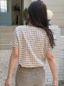 Dazy Star 女士纹理面料圆领格子印花短袖 T 恤 - 彩色 - 查看 5