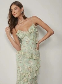 Enchnt Women Floral Print Ruffle Trim Spaghetti Strap Dress,Sweet&Elegant Outfit For Valentine's Day&Christmas Party&New Years&Birthday&Holiday &Sweet Date Night,Sage Green Dress