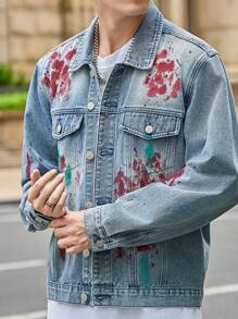 Manfinity Roghcode Men's Contrast Graphic Print Button Front Pocket Long Sleeve Denim Jacket - Blue - View 7