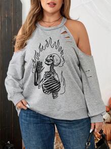 SHEIN LUNE Winter Clothes Plus Size Round Neck Cold-Shoulder Long Sleeve Halloween Skeleton Print Sweatshirt