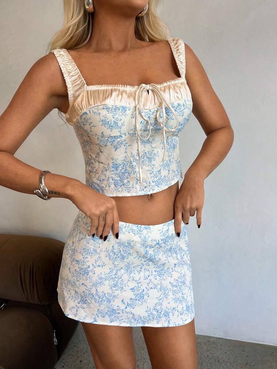 Aloruh 2 件套女士春夏度假系带方领碎花缎面短款上衣和低腰迷你裙套装 - 彩色 - 查看 1