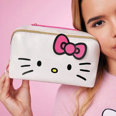 HELLO KITTY AND FRIENDS | SHEIN 1pc Cartoon Print White Zipper Closure Handbag Cosmetic Pouch