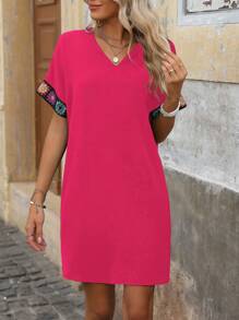 Breezaya V-Neck Raglan Sleeve  Woven Tape Patchwork Dress - Hot Pink - View 3